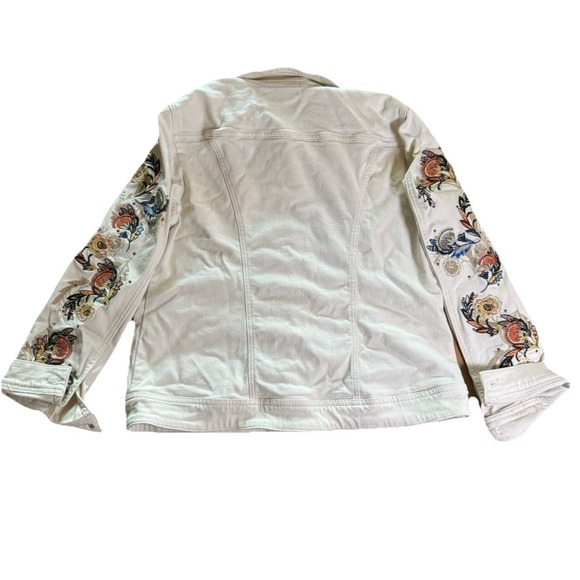 Chico's Women's Size 2  12 White Floral Embroidered Cotton Denim Button Jacket - Picture 4 of 6